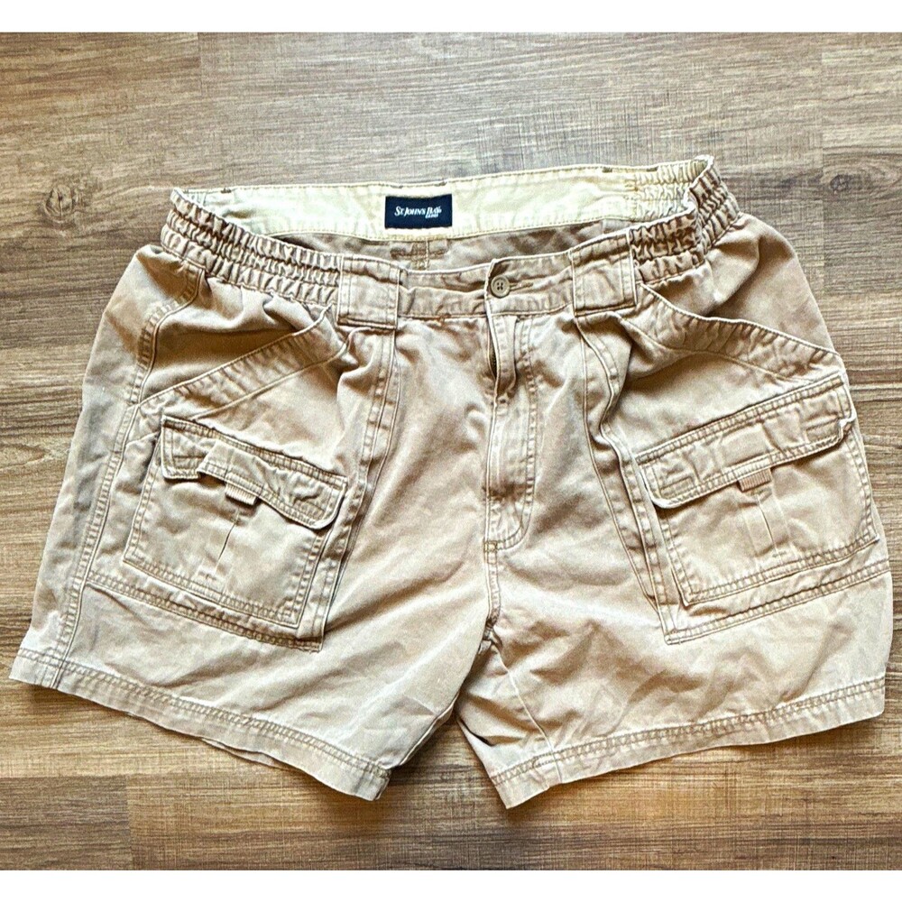 St. John's Bay Cargo Shorts Mens Beige Cotton Canvas Elastic Waist Pockets sz38
